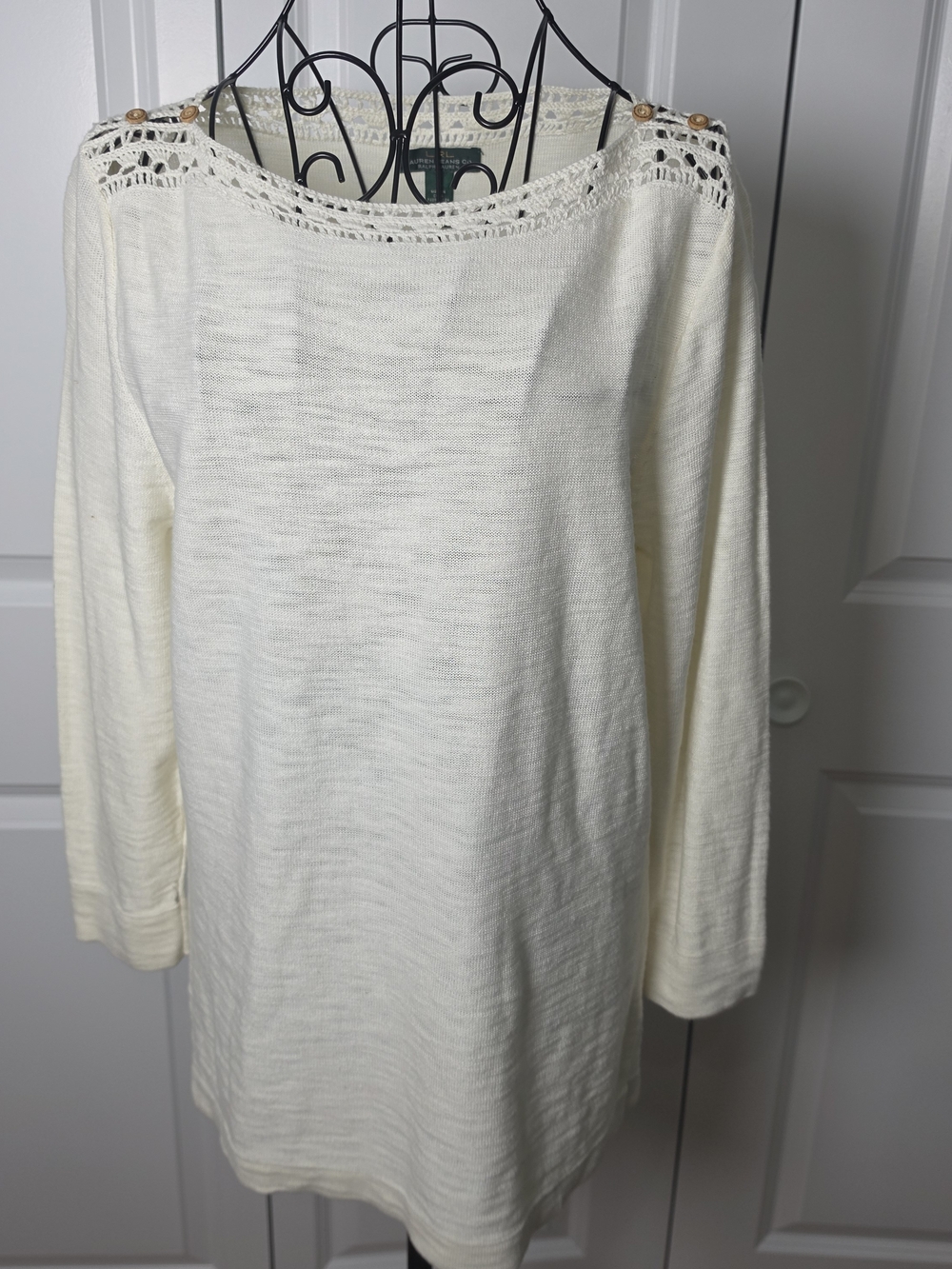 Lauren Ralph Lauren L Cream 100% Cotton Crochet Boat Neck Sweater
